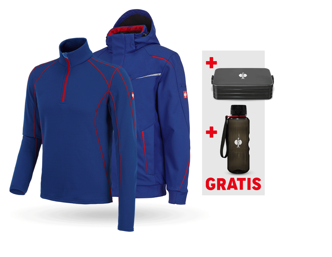 Bekleidung: SET:Winter Softshelljacke + Troyer e.s.motion 2020 + kornblau/feuerrot