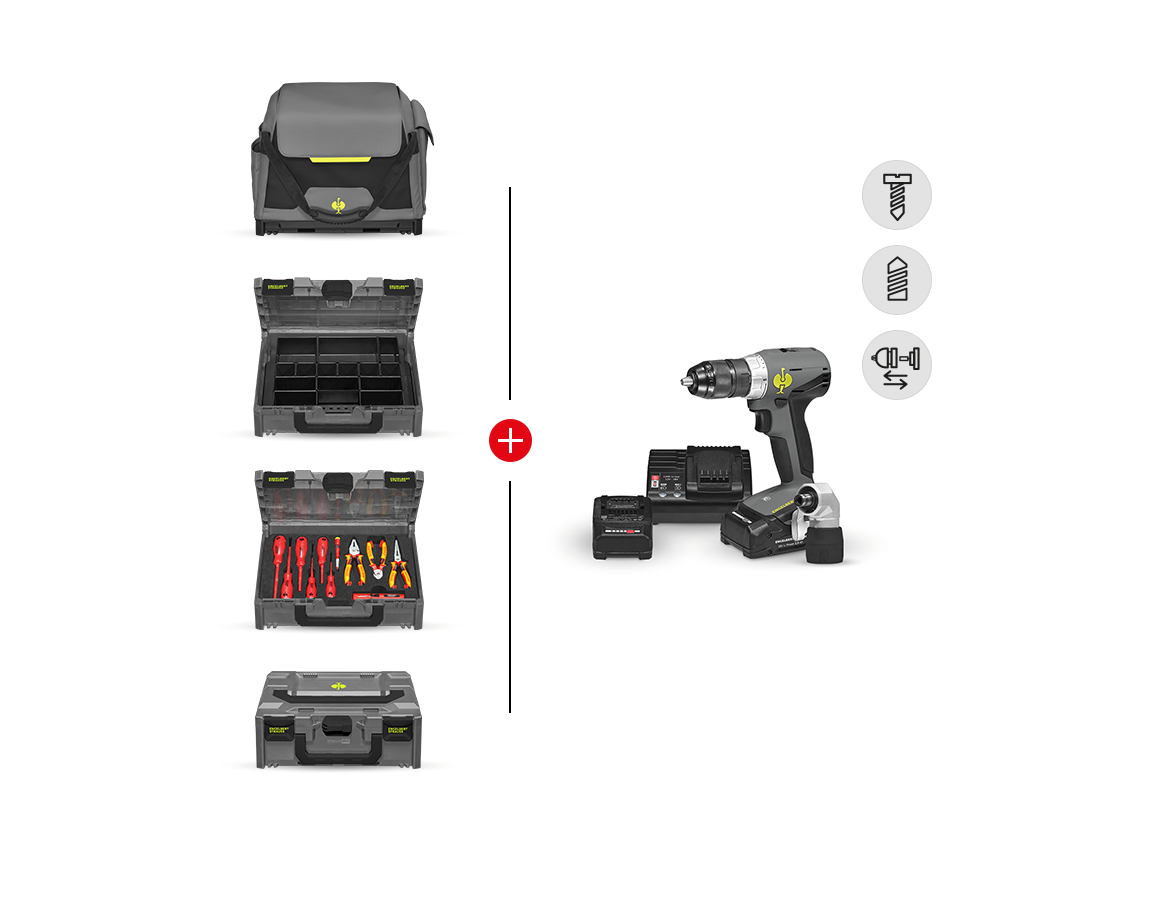 STRAUSSbox System: Werkzeug-Set Elekt+Multi Bohrschrauber+STRAUSSbox + basaltgrau/acidgelb