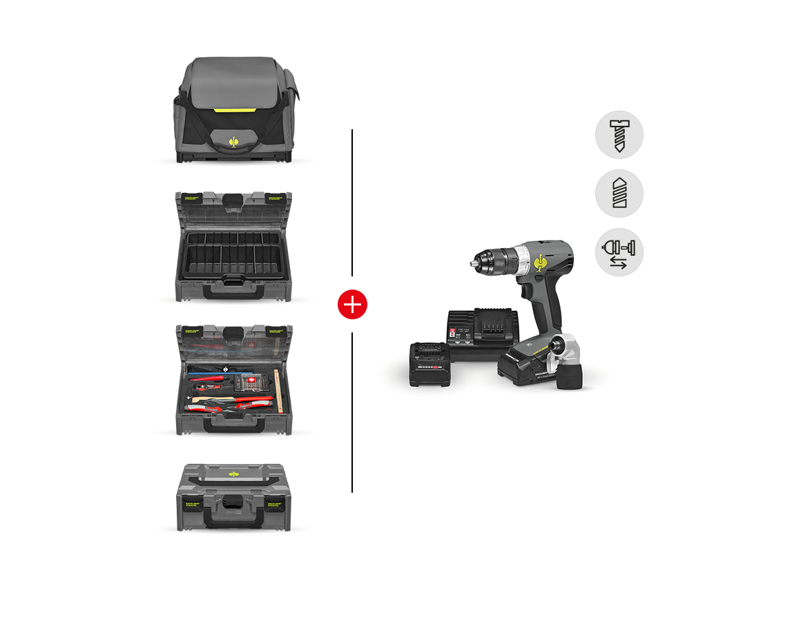 Système STRAUSSbox: Kit d'outils + perceuse-vis. multi. + STRAUSSbox + gris basalte/jaune acide