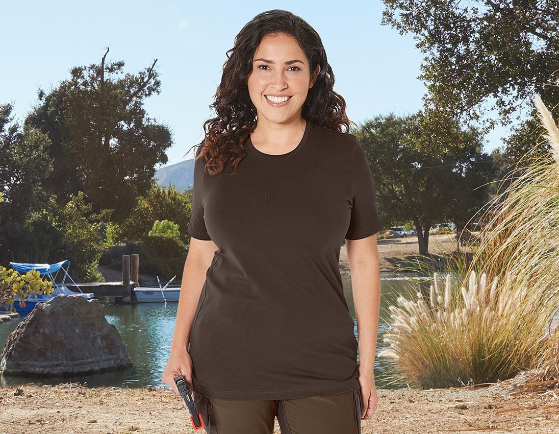 Hauts: e.s. T-Shirt cotton stretch, femmes, plus fit + marron