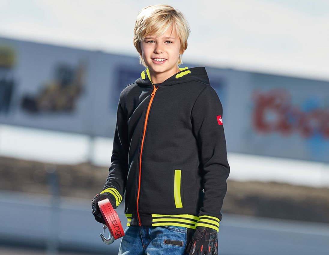 Themen: Hoody-Sweatjacke e.s.motion 2020, Kinder + schwarz/warngelb/warnorange