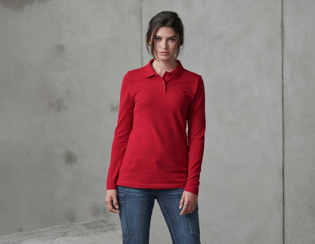 Hauts: e.s. Pique-Polo longsleeve cotton stretch,femmes + rouge vif