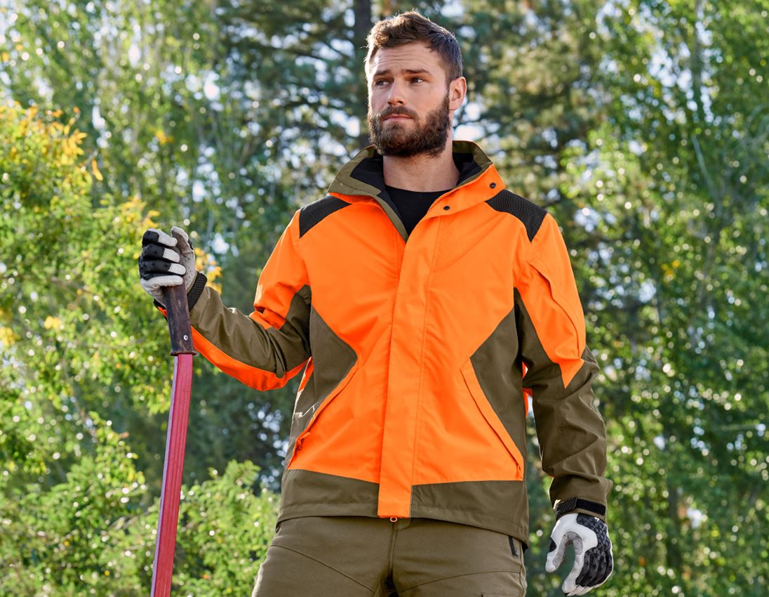Vestes de travail: e.s. Veste de pluie de forestier + orange fluo/vert boue