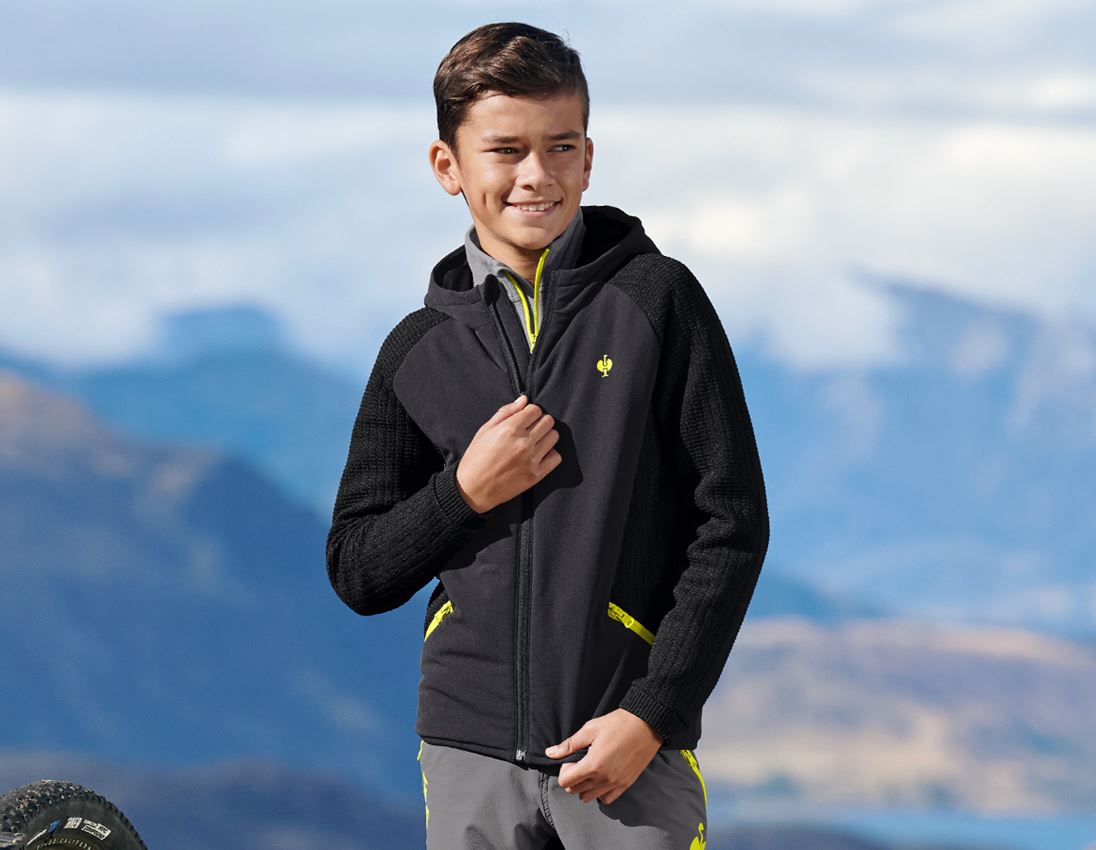 Vestes: Veste en tricot à capuche hybride e.s.trail,enfant + noir/jaune acide