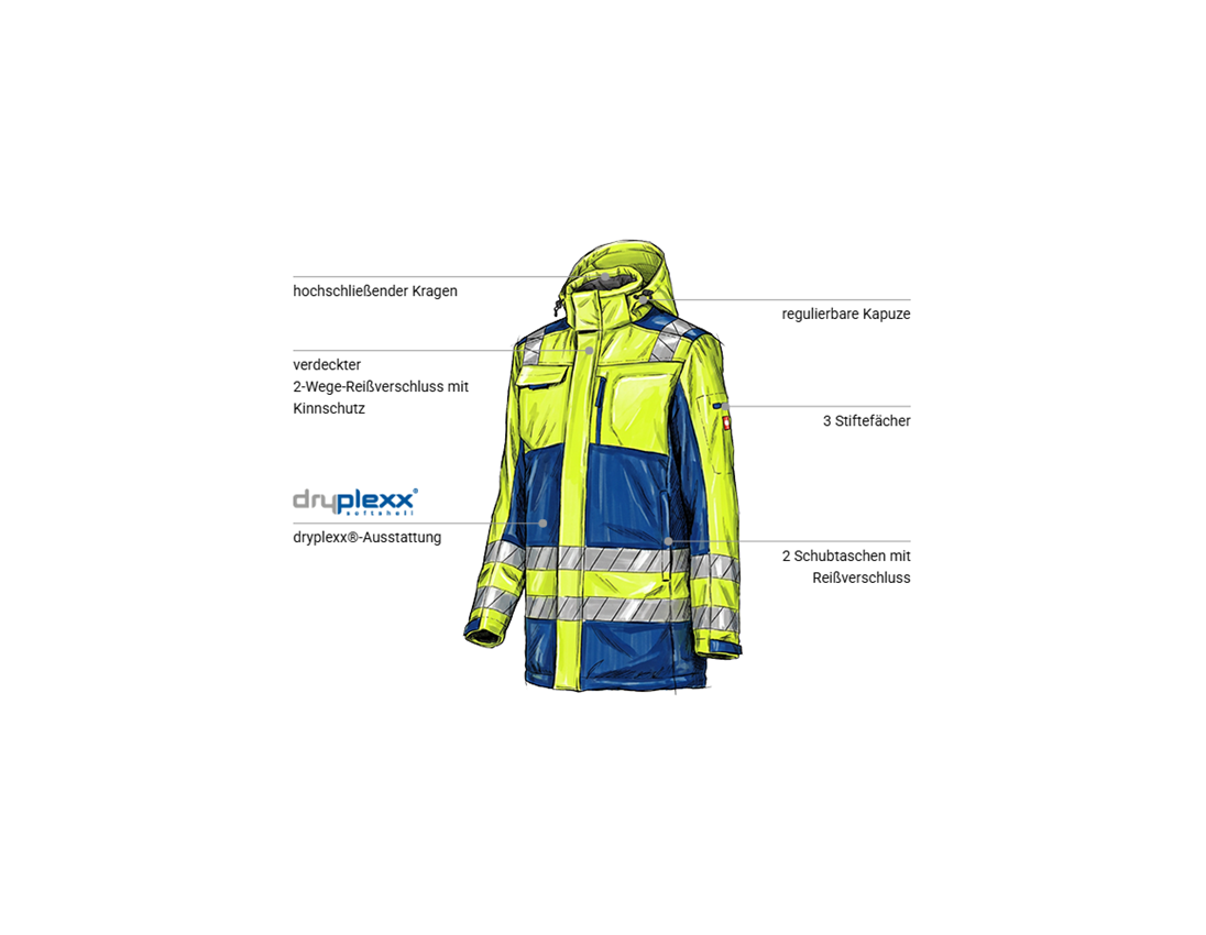Arbeitsjacken: Warnschutz Winter Softshellparka e.s.motion 24/7 + kornblau/warngelb 1