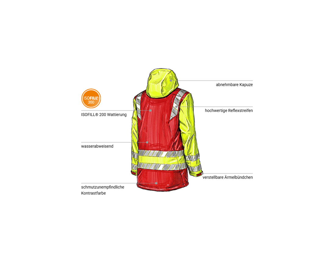 Arbeitsjacken: Warnschutz Winter Softshellparka e.s.motion 24/7 + rot/warngelb 2
