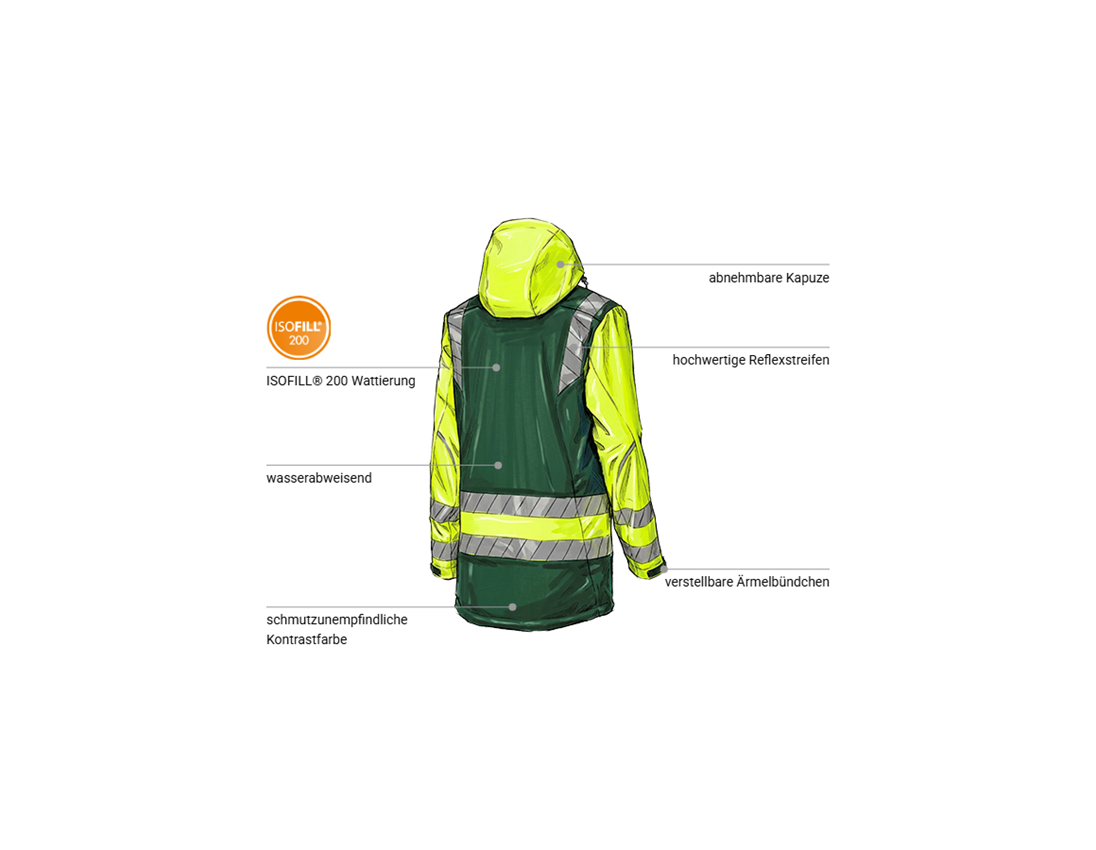 Arbeitsjacken: Warnschutz Winter Softshellparka e.s.motion 24/7 + grün/warngelb 2