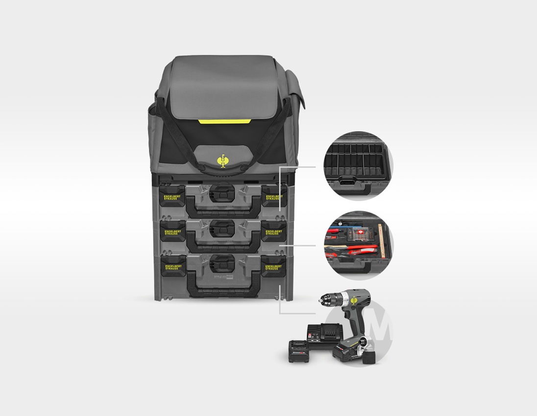 Système STRAUSSbox: Kit d'outils + perceuse-vis. multi. + STRAUSSbox + gris basalte/jaune acide