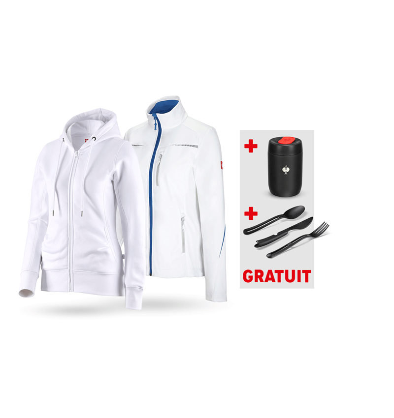 Ensemble de vêtements: KIT : Veste Softshell + Hoody sweat zippé, femmes + blanc/bleu gentiane