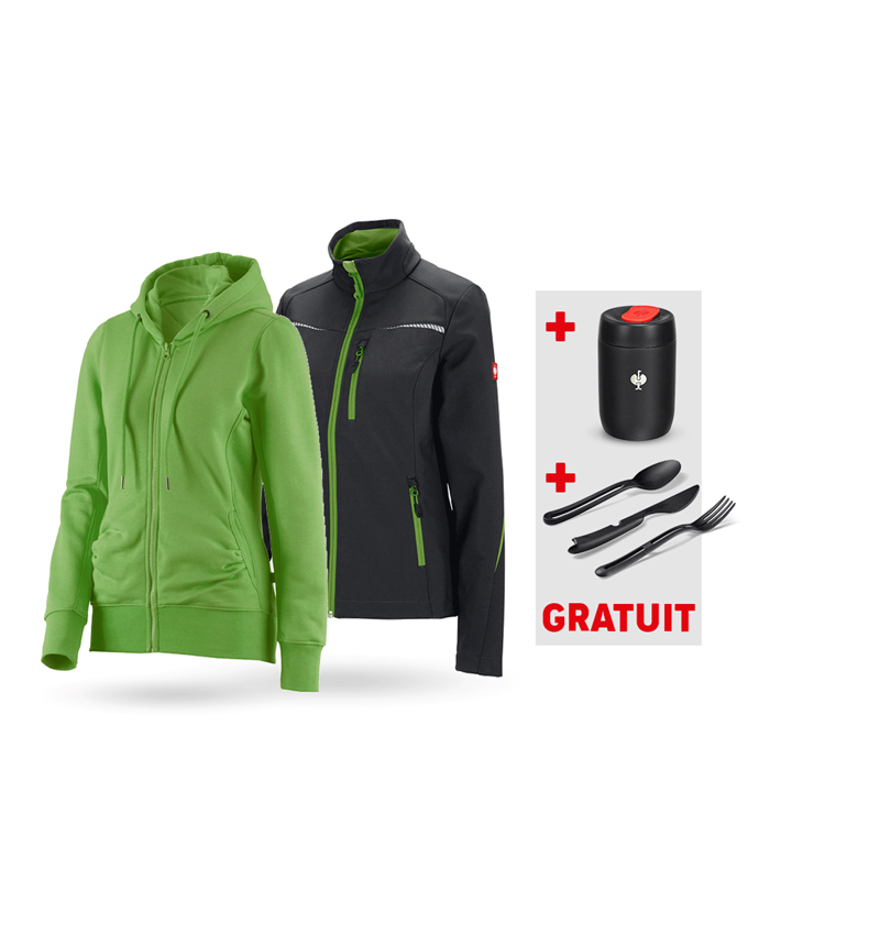 Vêtements: KIT : Veste Softshell + Hoody sweat zippé, femmes + noir/vert d'eau