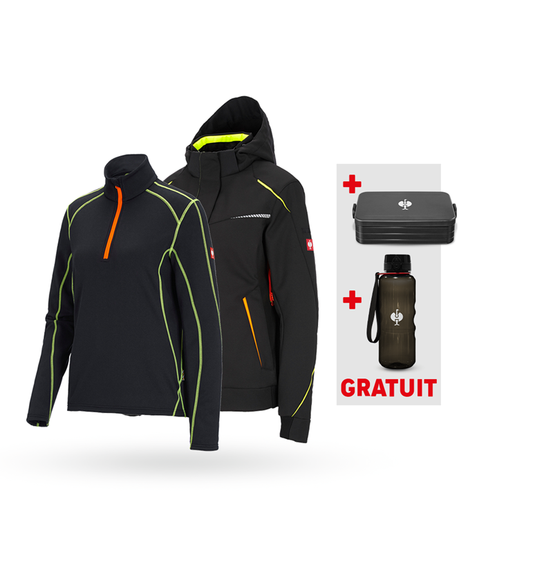Ensemble de vêtements: KIT : Veste softsh.hiver e.s.motion 2020+pull, fe. + noir/jaune fluo/orange fluo