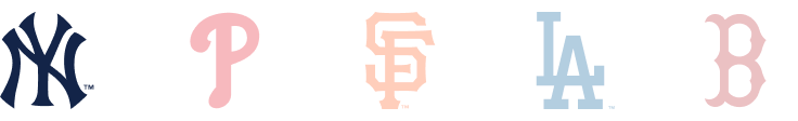 Logos des New York Yankees, Philadelphia Phillies, San Francisco Giants, Los Angeles Dodgers et Boston Red Sox.