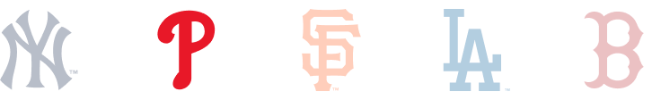 Logos des New York Yankees, Philadelphia Phillies, San Francisco Giants, Los Angeles Dodgers et Boston Red Sox.