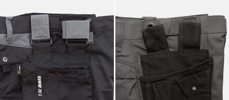 Sacoche à outils e.s.roughtough fixée sur le pantalon à taille élastique e.s.roughtough + Sacoche à outils e.s.motion fixée sur le pantalon à taille élastique e.s.motion