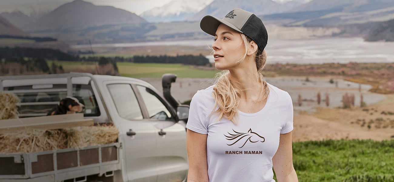 e.s. T-shirt cotton stretch, pour femmes – inscription « Ranch maman » avec motif de cheval
