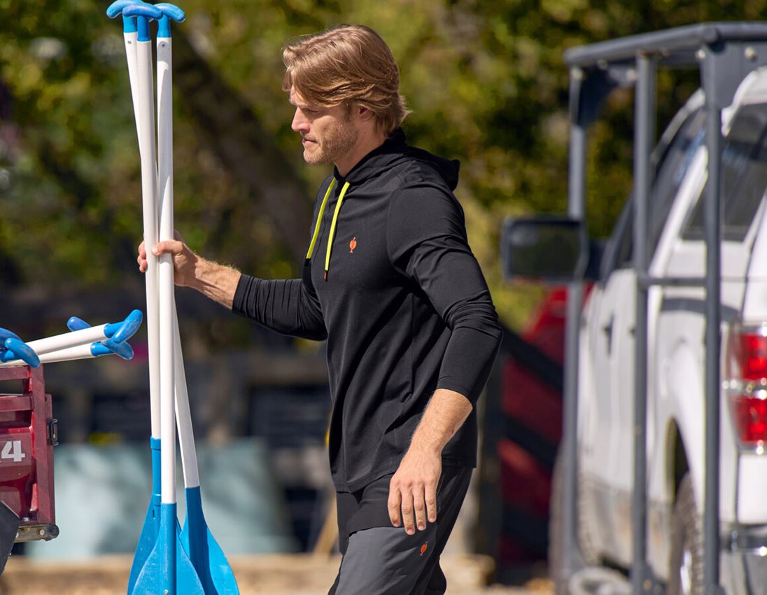 Trička, svetry & košile: Funkční Longsleeve s kapucí UV e.s.trail + černá/výstražná oranžová/výstražná žlutá 1