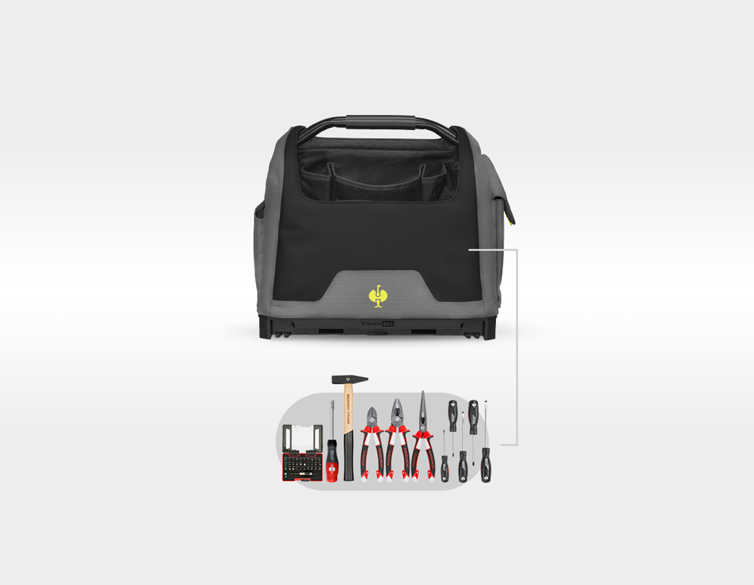 STRAUSSbox Systém: Sada nářadí + taška na nářadí STRAUSSbox, otevřená + čedičově šedá/acidově žlutá