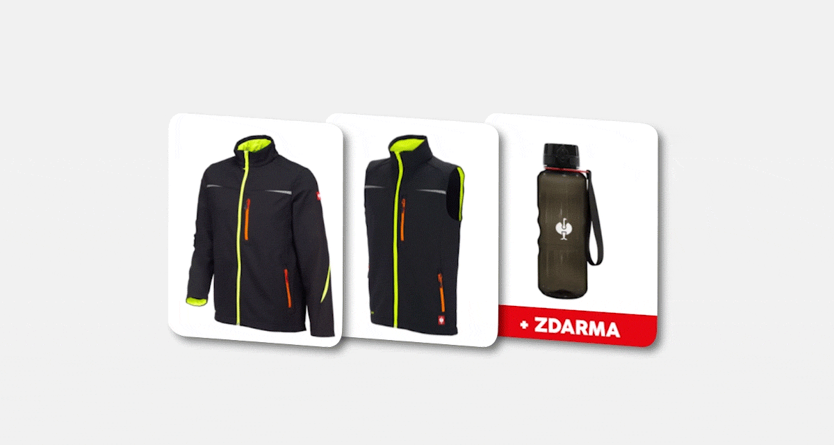 Animace konfigurace sady: 2x bunda a/nebo vesta e.s.motion 2020 v různých barvách s dárkovým předmětem