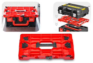 Plaque d’adaptation rouge pour systèmes de coffrets à outils, présentée seule et en utilisation avec des boîtes compatibles