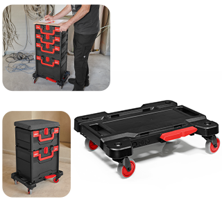 Plateau roulant noir avec roulettes rouges pour STRAUSSbox empilées, présenté seul et en utilisation avec une tour de boîtes montée dessus