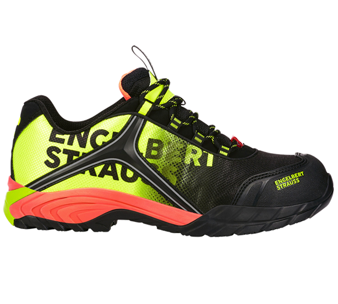 Main view, Footwear, e.s. S1 Safety shoes Merak, black/high-vis yellow/high-vis orange