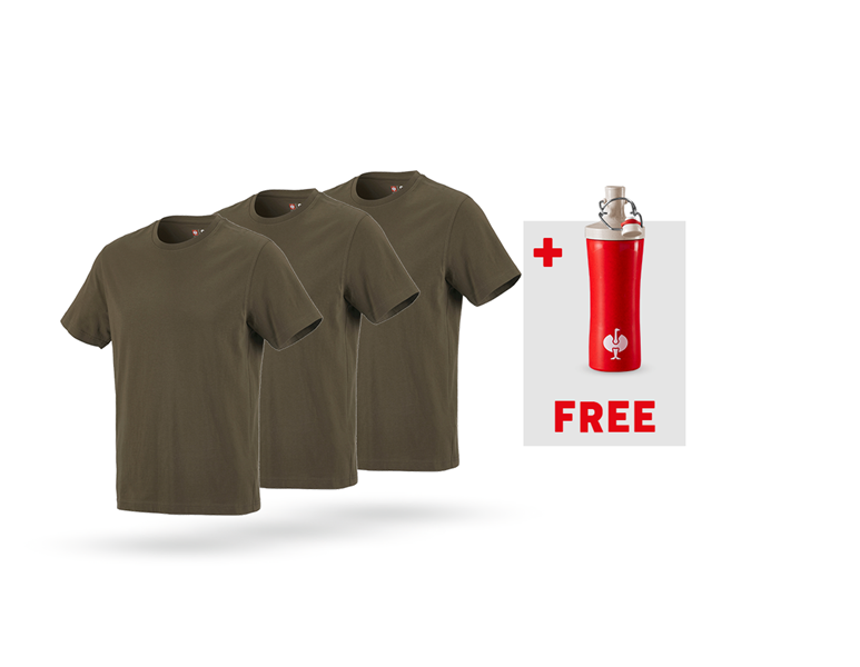 Main view, Combo-Sets, 3x e.s. T-shirt cotton + FREE bottle Clip, olive