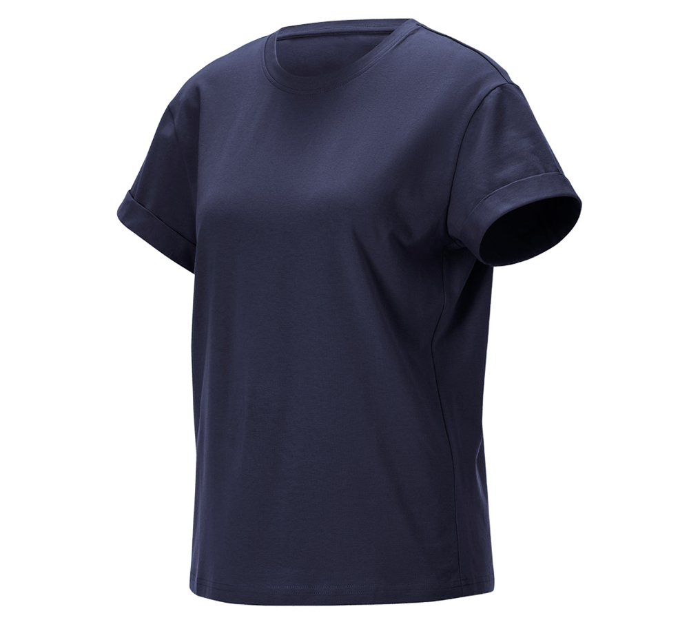 Hauts: e.s. T-Shirt cotton stretch rolled sleeve, femmes + bleu foncé