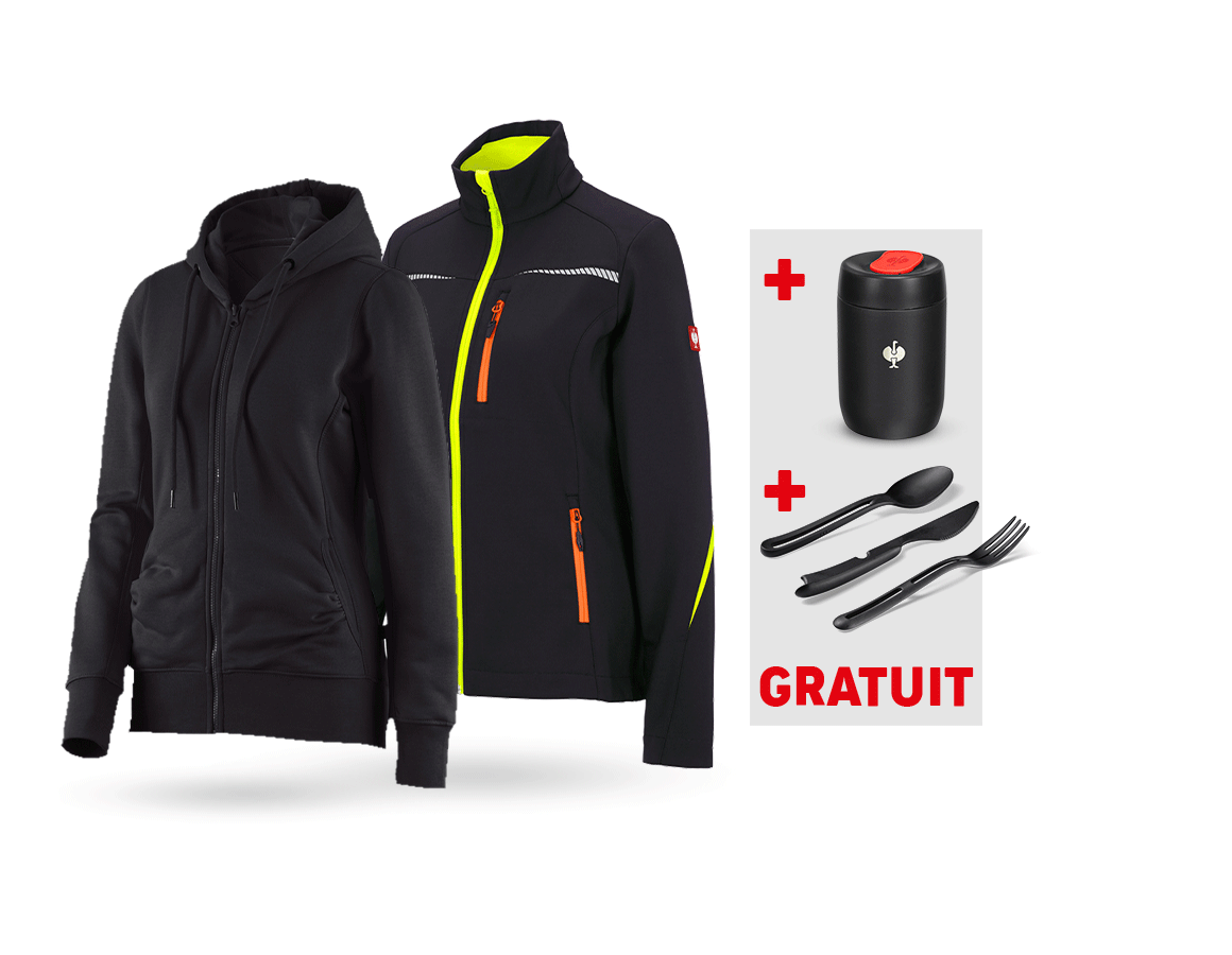 Vêtements: KIT : Veste Softshell + Hoody sweat zippé, femmes + noir/jaune fluo/orange fluo