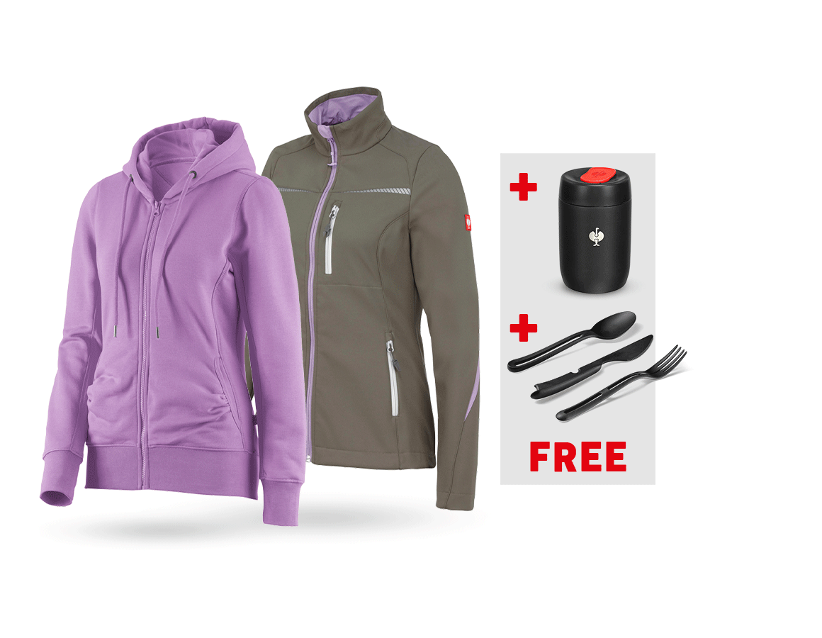 Clothing: SET: Softshell jacket + Hoody sweatjacket, ladies' + stone/lavender