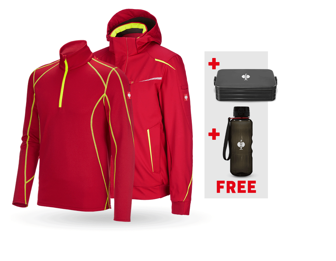 Clothing: SET:Winter softshell jacket+troyer e.s.motion 2020 + fiery red/high-vis yellow