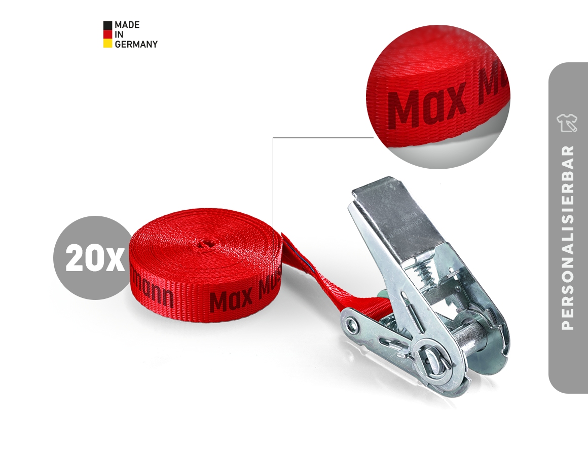 Spanngurte: 20x Spanngurte, 1-tlg. mit Ratsche, inkl. Druck
