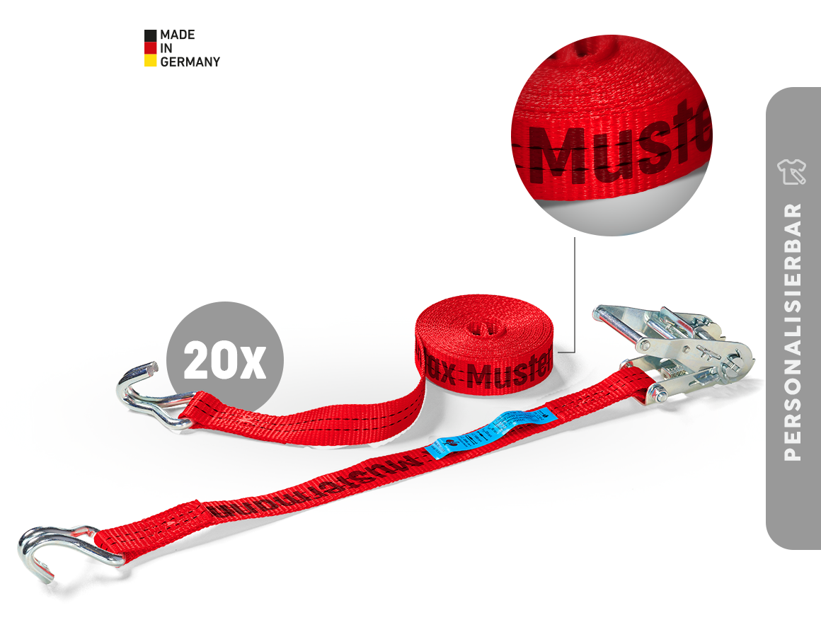 Spanngurte: 20x Spanngurte, 2-tlg - Ratsche+Haken, inkl. Druck