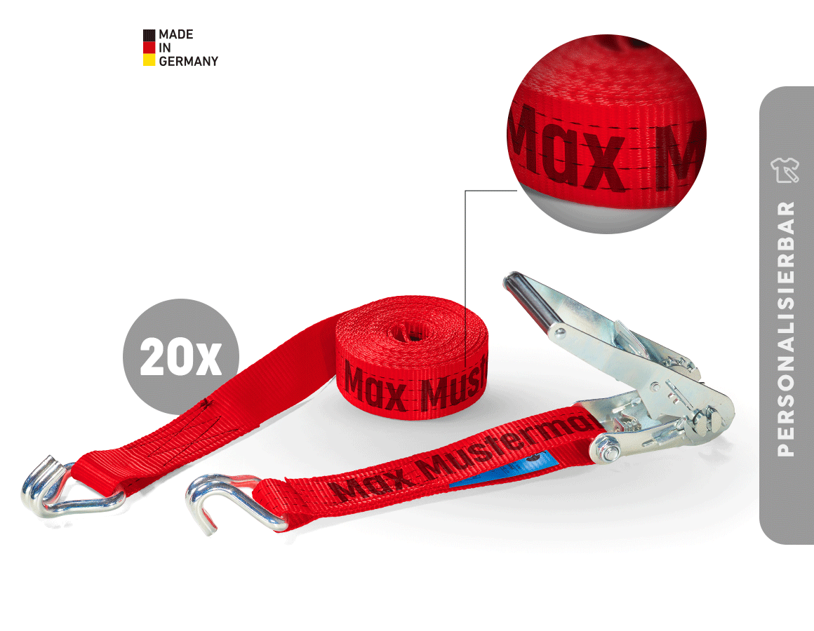 Spanngurte: 20x Spanngurte, 2-tlg - Ratsche+Haken, inkl. Druck