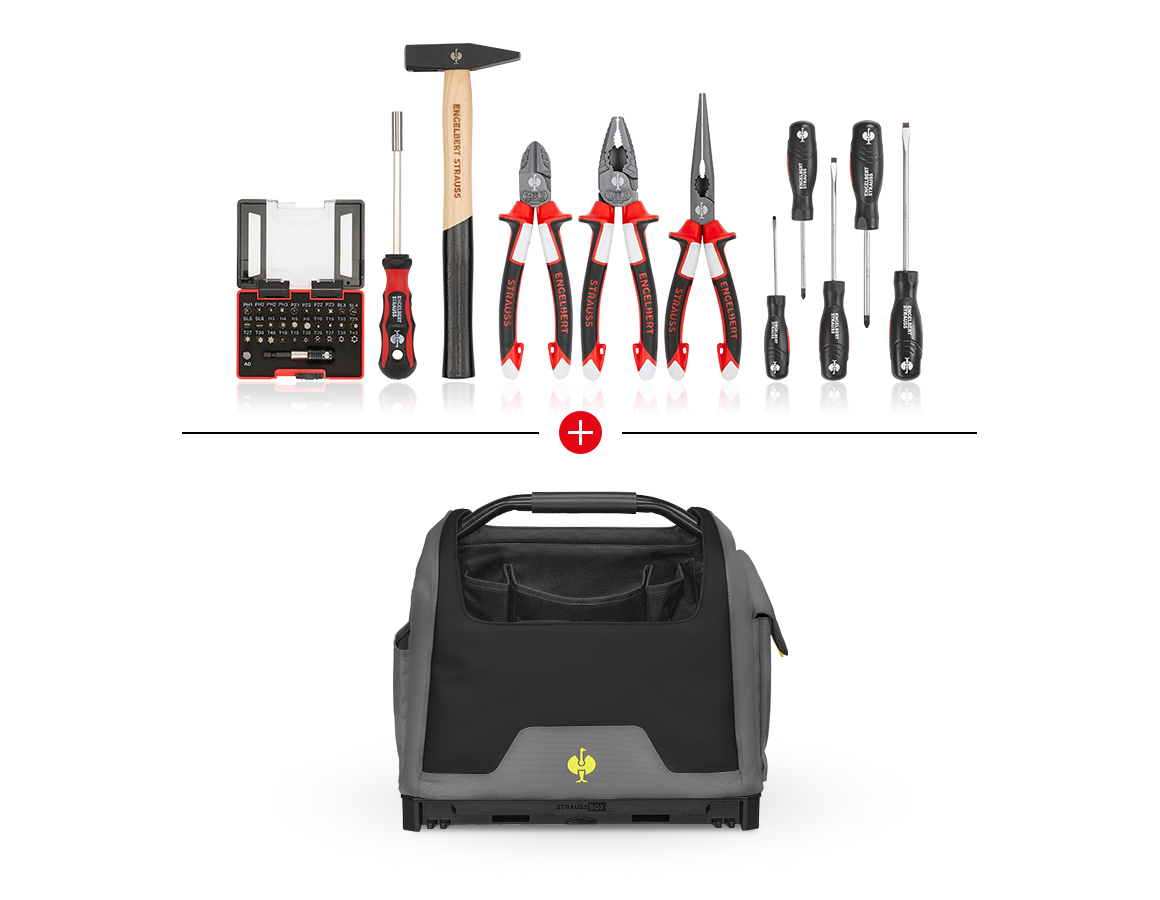 Tools: Tool set + STRAUSSbox tool bag, open + basaltgrey/acid yellow