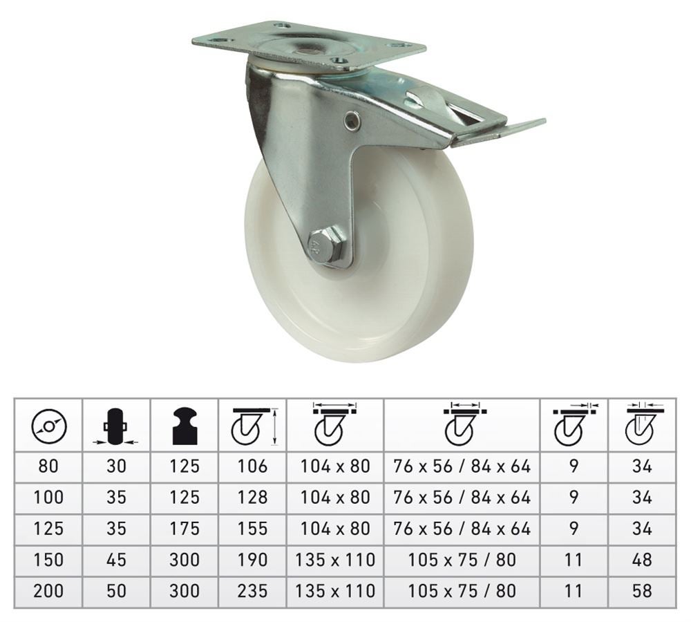 Rouleau transporteur: Roulettes pivotantes avec plaque + blocage de roue