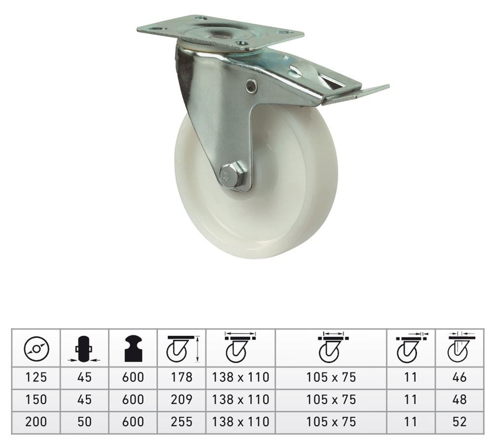 Rouleau transporteur: Roulette pivotante rigide + blocage de roue