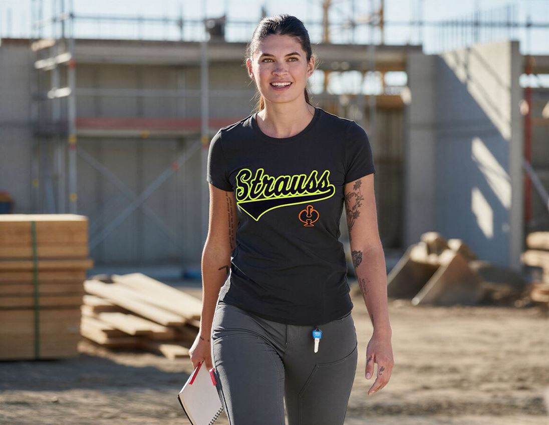 Hauts: T-Shirt e.s.e:pic, femmes + noir/jaune fluo/orange fluo