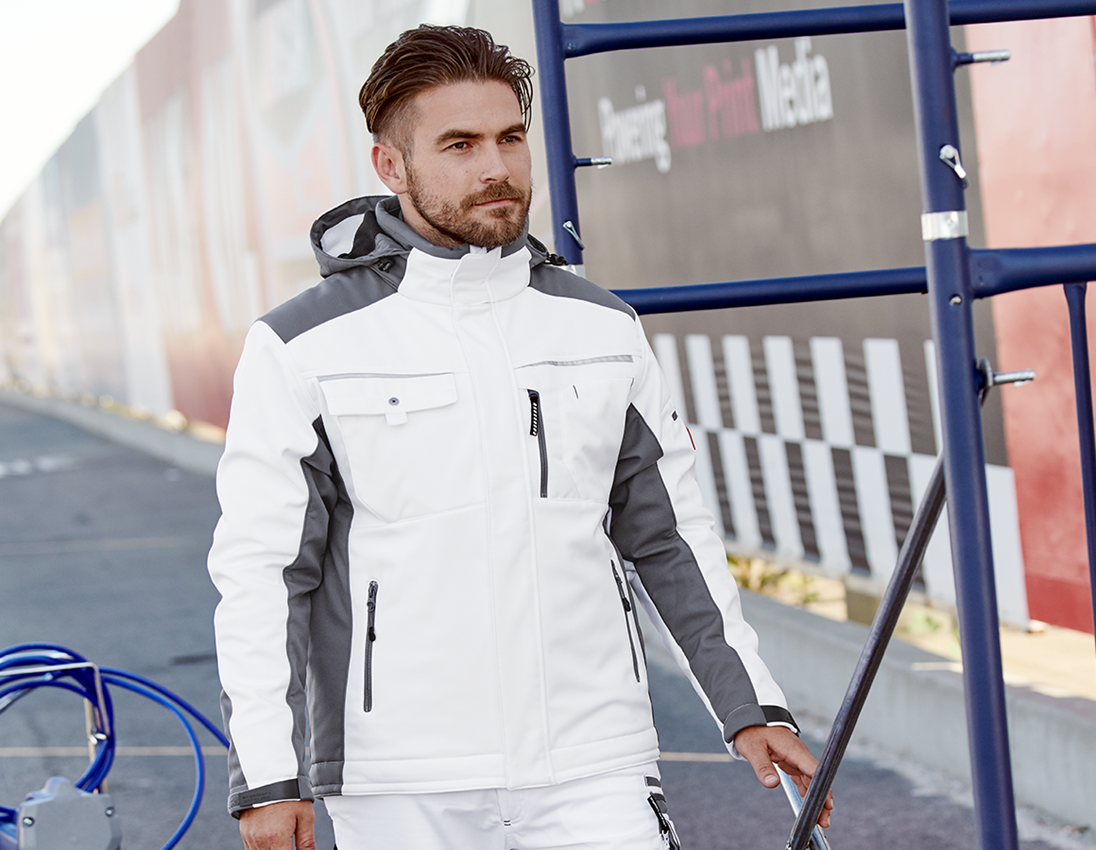 Work Jackets: Softshell jacket e.s.motion + white/grey