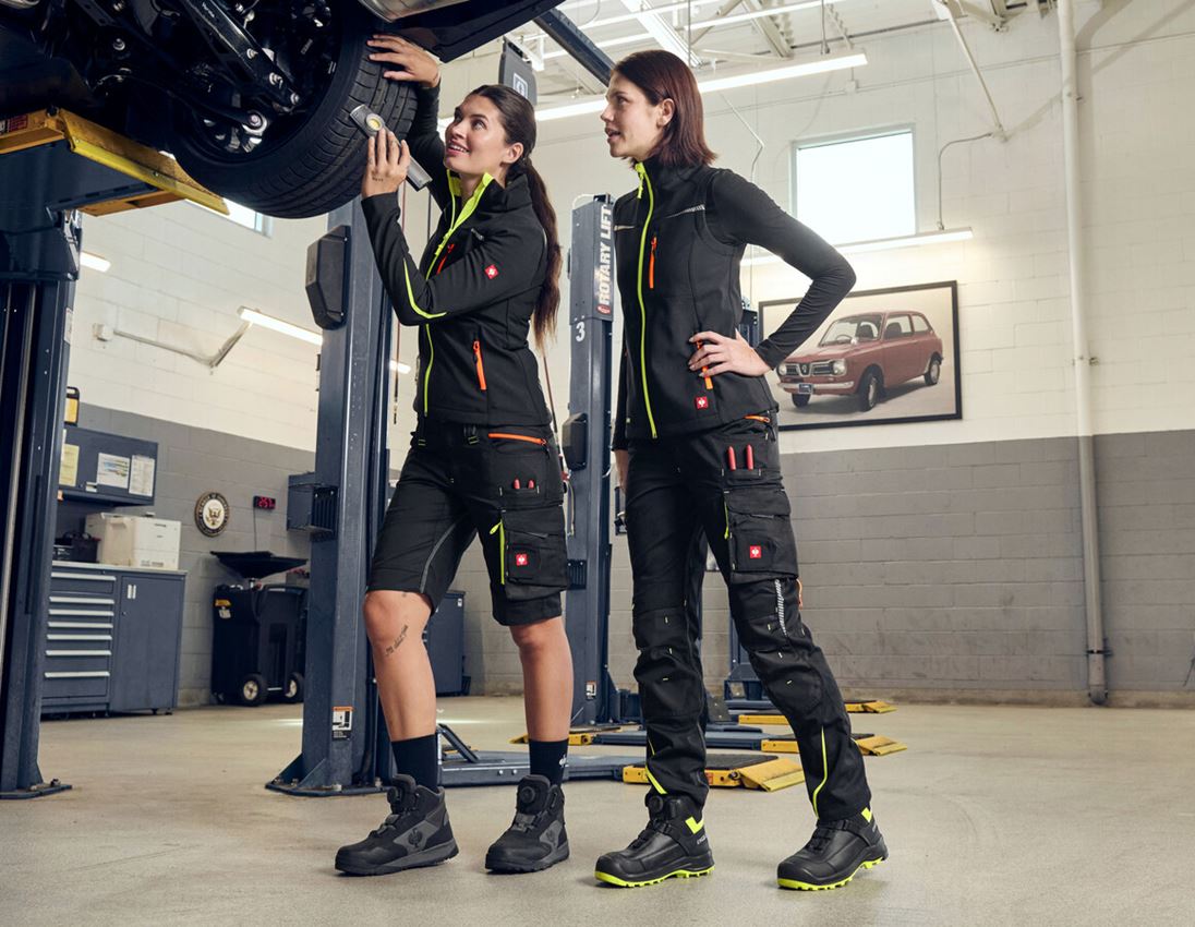 Work Jackets: Softshell jacket e.s.motion 2020, ladies' + black/high-vis yellow/high-vis orange 2