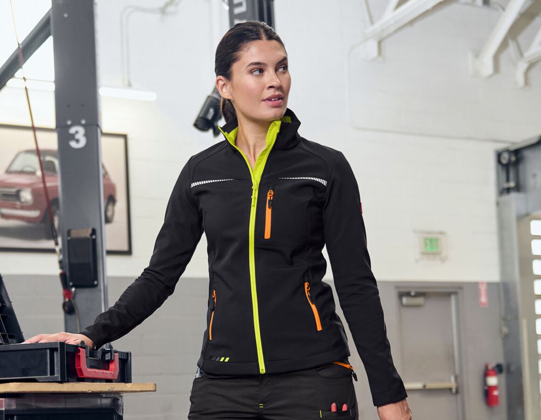 Work Jackets: Softshell jacket e.s.motion 2020, ladies' + black/high-vis yellow/high-vis orange