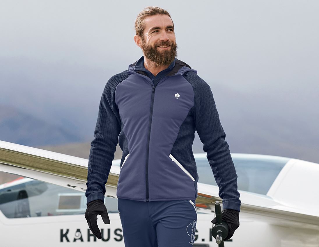 Work Jackets: Hybrid hooded knitted jacket e.s.trail + deepblue/white