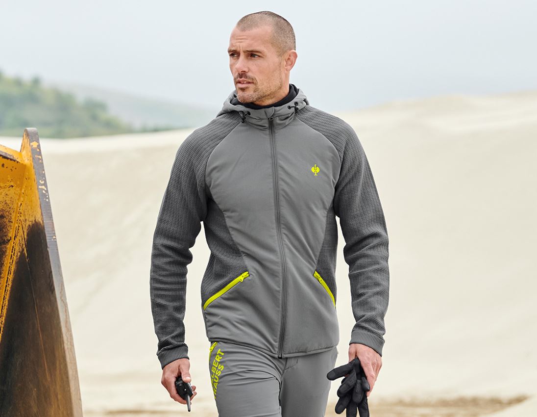 Work Jackets: Hybrid hooded knitted jacket e.s.trail + basaltgrey/acid yellow