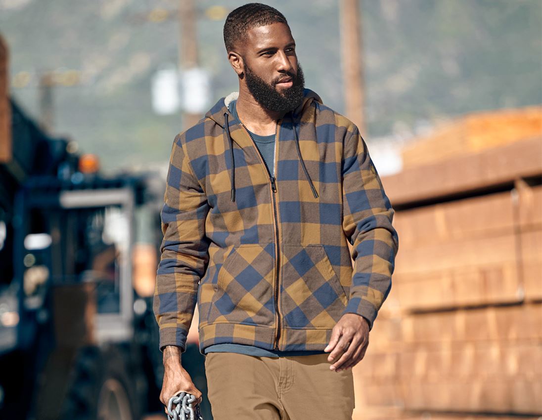 Work Jackets: Check-hooded jacket e.s.iconic + almondbrown/oxidblue