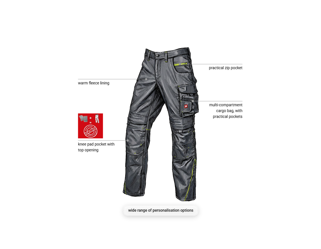 Work Trousers: Winter trousers e.s.line.core + carbongrey/high-vis yellow 1