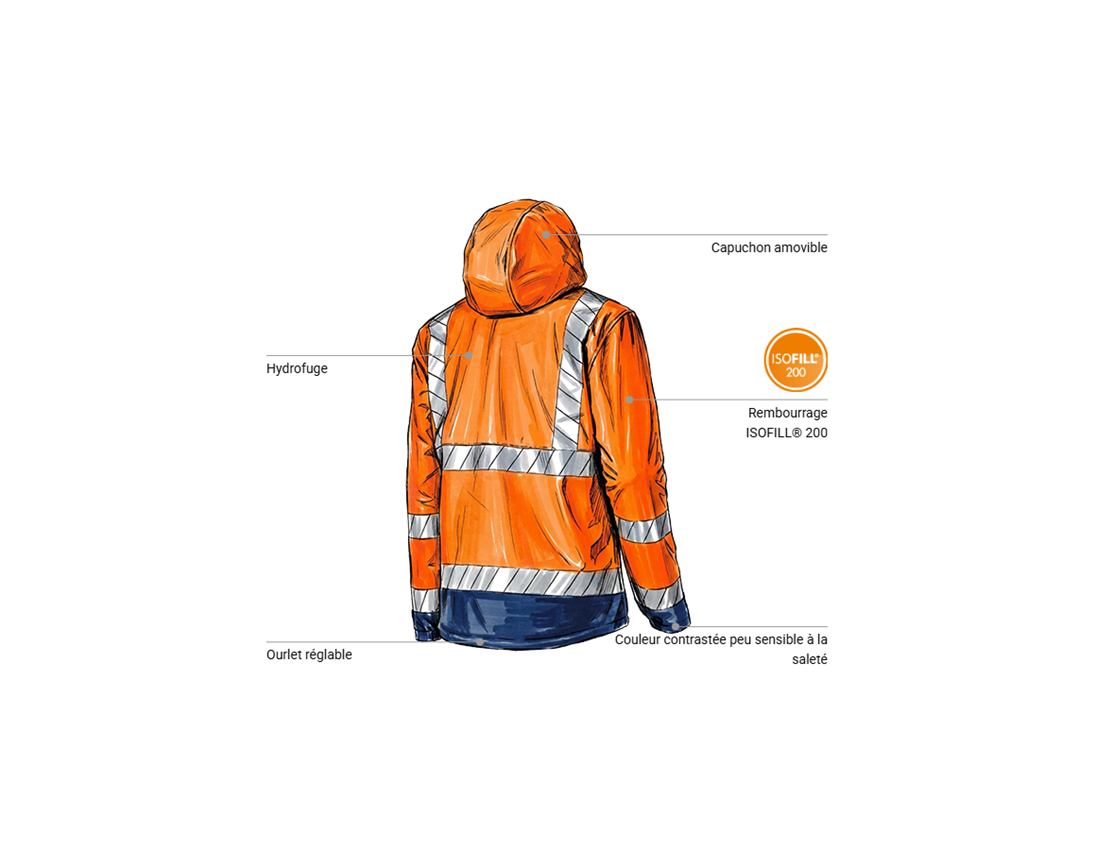 Vestes de travail: Veste softshell de signal. d'hiver e.s.line.core + orange fluo/bleu foncé 2