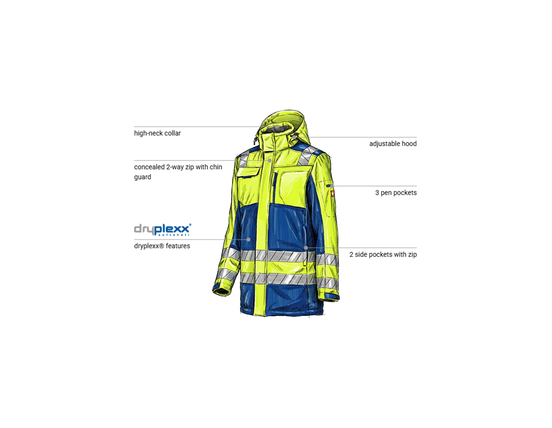 Work Jackets: High-vis winter softshell parka e.s.motion 24/7 + royalblue/high-vis yellow 1