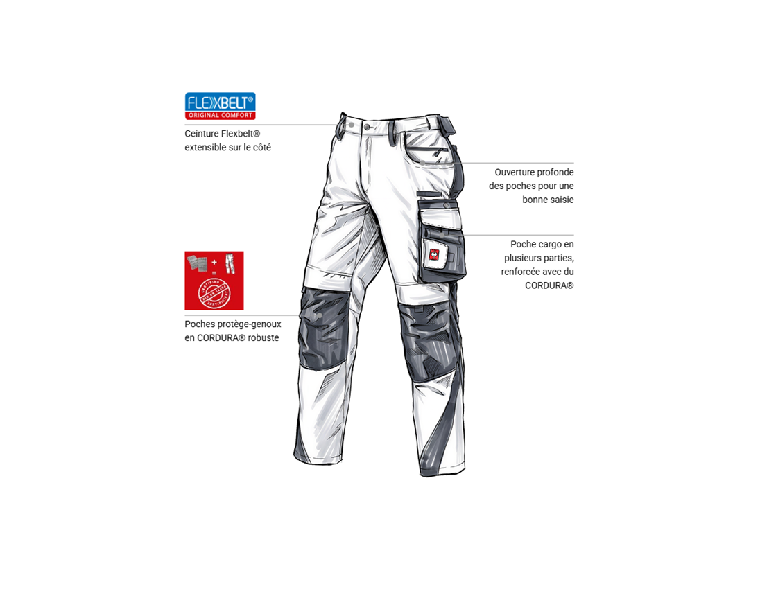 Maçon: Pantalon à taille élastique e.s.motion + blanc/gris 1