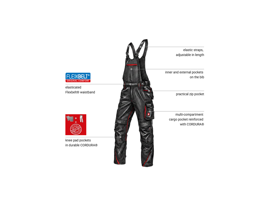 Work Trousers: Bib & brace e.s.motion 2020 + graphite/fiery red 1