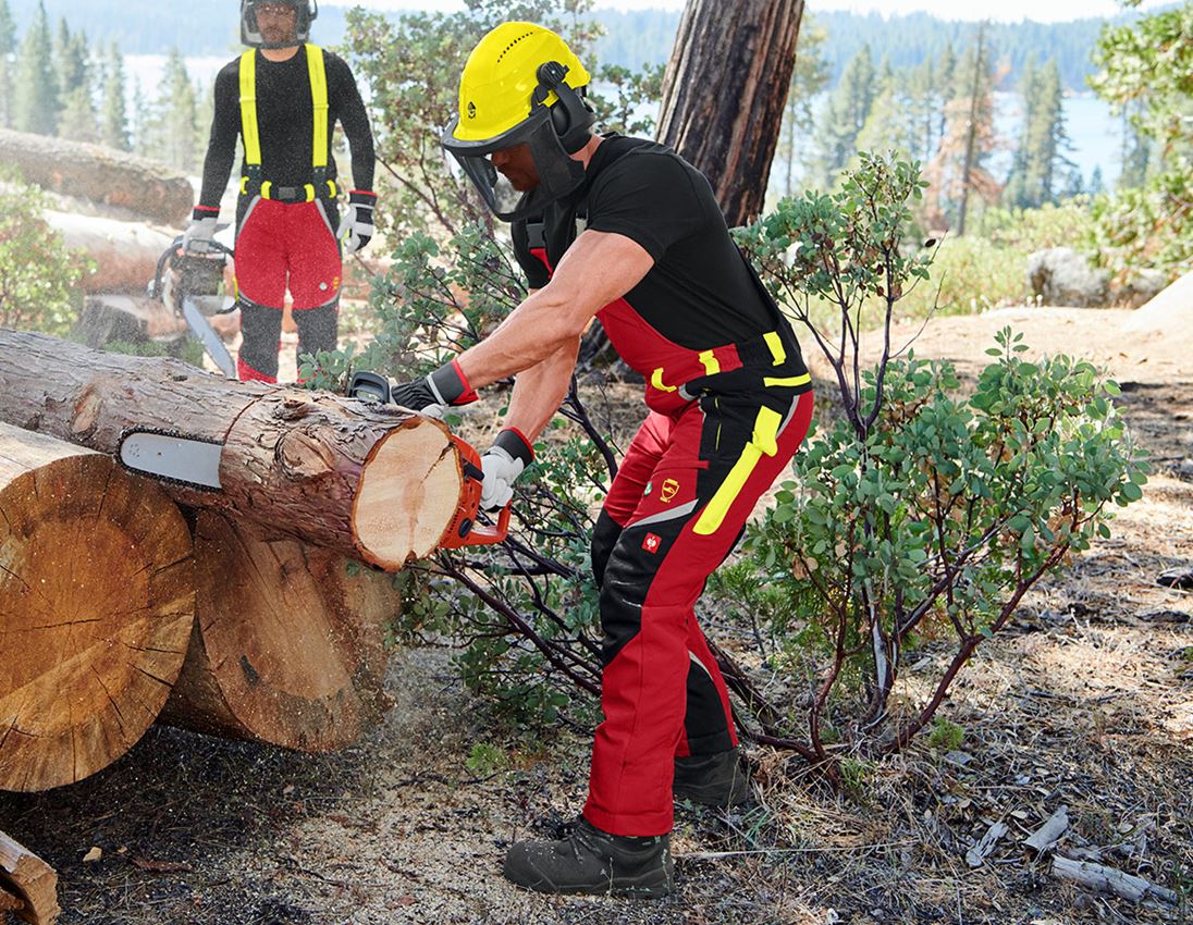 Pantalons de travail: e.s. Salopette de forestier anticoupure, KWF + rouge/jaune fluo 1