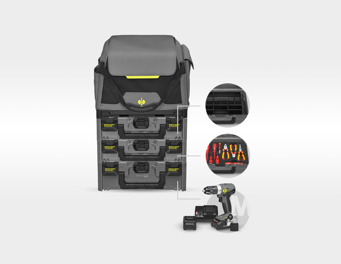 STRAUSSbox System: Tool set elect+multi drill screwdriver+STRAUSSbox + basaltgrey/acid yellow
